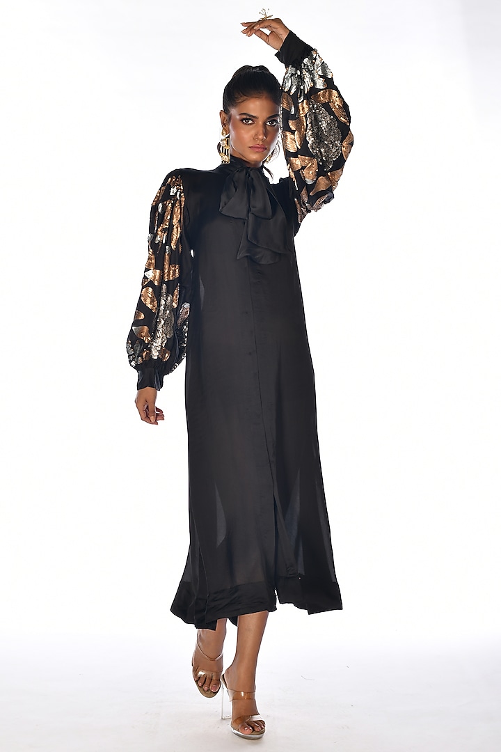 Black Satin Georgette Sequins Hand Embroidered Vacation Dress by Isadaa by Rotna Dutt at Pernia's Pop Up Shop