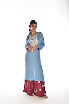 Blue Satin Georgette Hand Embroidered Kurta Set Design by Isadaa at ...