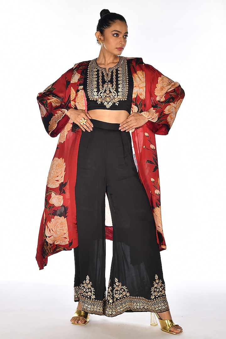 Red Satin Organza Sequins Hand Embroidery & Digital Printed Jacket Set by Isadaa by Rotna Dutt