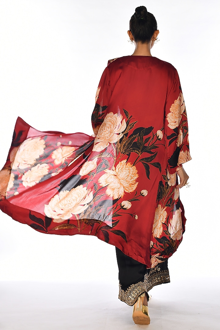 Red Satin Organza Sequins Hand Embroidery & Digital Printed Jacket Set by Isadaa by Rotna Dutt at Pernia's Pop Up Shop