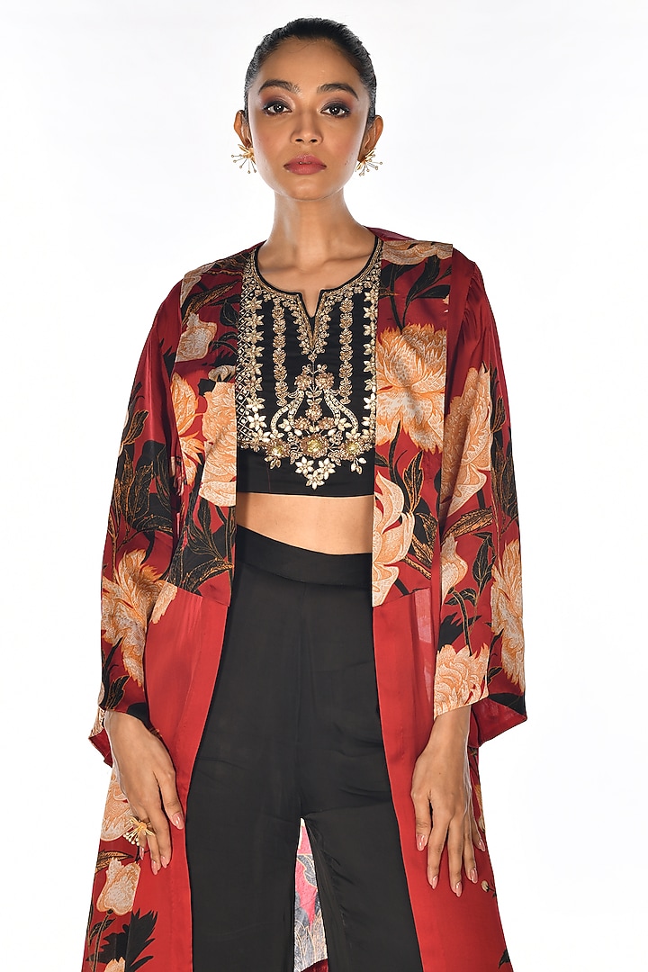 Red Satin Organza Sequins Hand Embroidery & Digital Printed Jacket Set by Isadaa by Rotna Dutt at Pernia's Pop Up Shop
