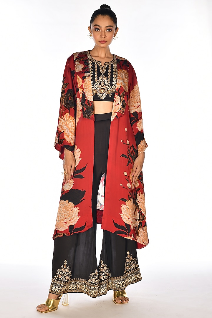Red Satin Organza Sequins Hand Embroidery & Digital Printed Jacket Set by Isadaa by Rotna Dutt at Pernia's Pop Up Shop