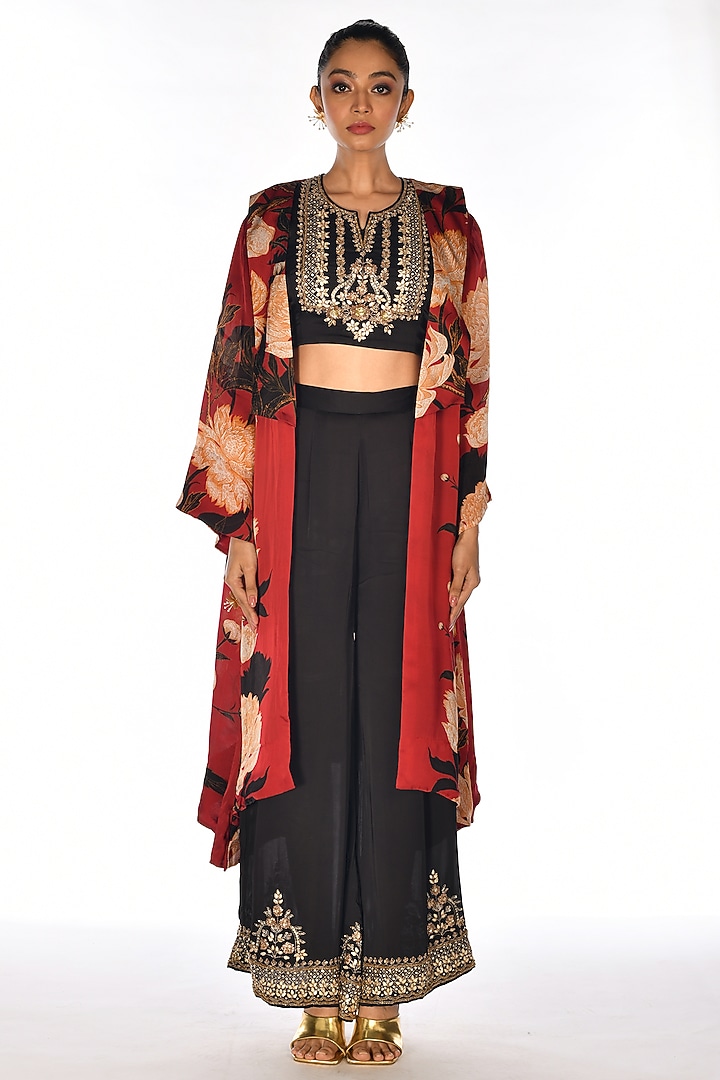 Red Satin Organza Sequins Hand Embroidery & Digital Printed Jacket Set by Isadaa by Rotna Dutt at Pernia's Pop Up Shop