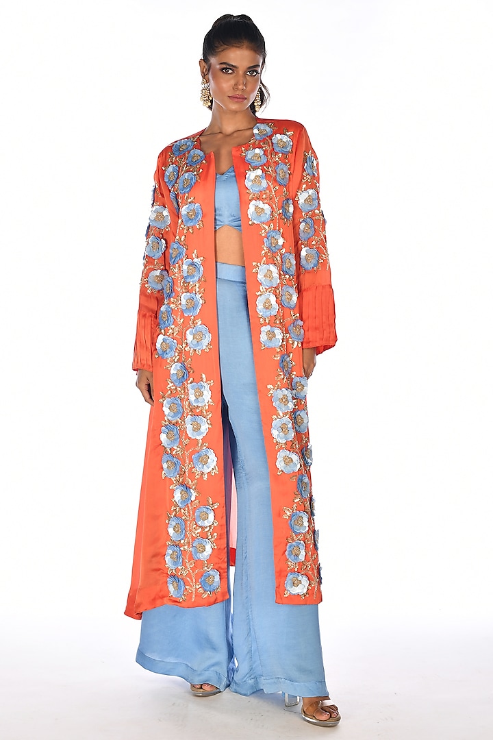 Orange Satin Organza Sequins Hand Embroidered Jacket Set by Isadaa by Rotna Dutt