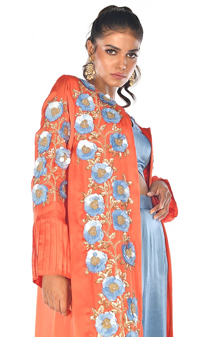 Orange Satin Organza Sequins Hand Embroidered Jacket Set by Isadaa by Rotna Dutt at Pernia's Pop Up Shop