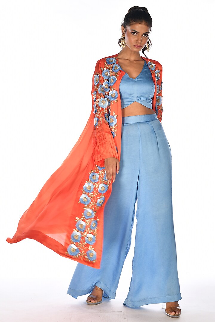 Orange Satin Organza Sequins Hand Embroidered Jacket Set by Isadaa by Rotna Dutt at Pernia's Pop Up Shop