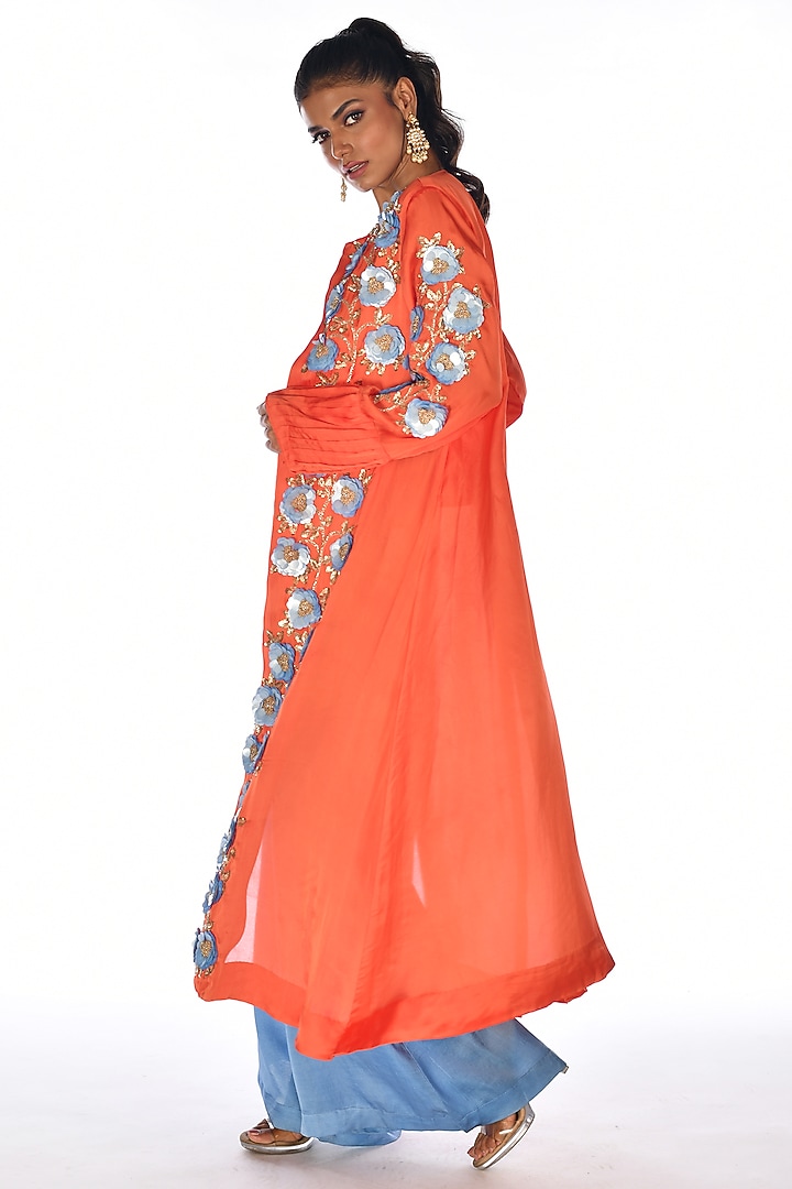 Orange Satin Organza Sequins Hand Embroidered Jacket Set by Isadaa by Rotna Dutt at Pernia's Pop Up Shop