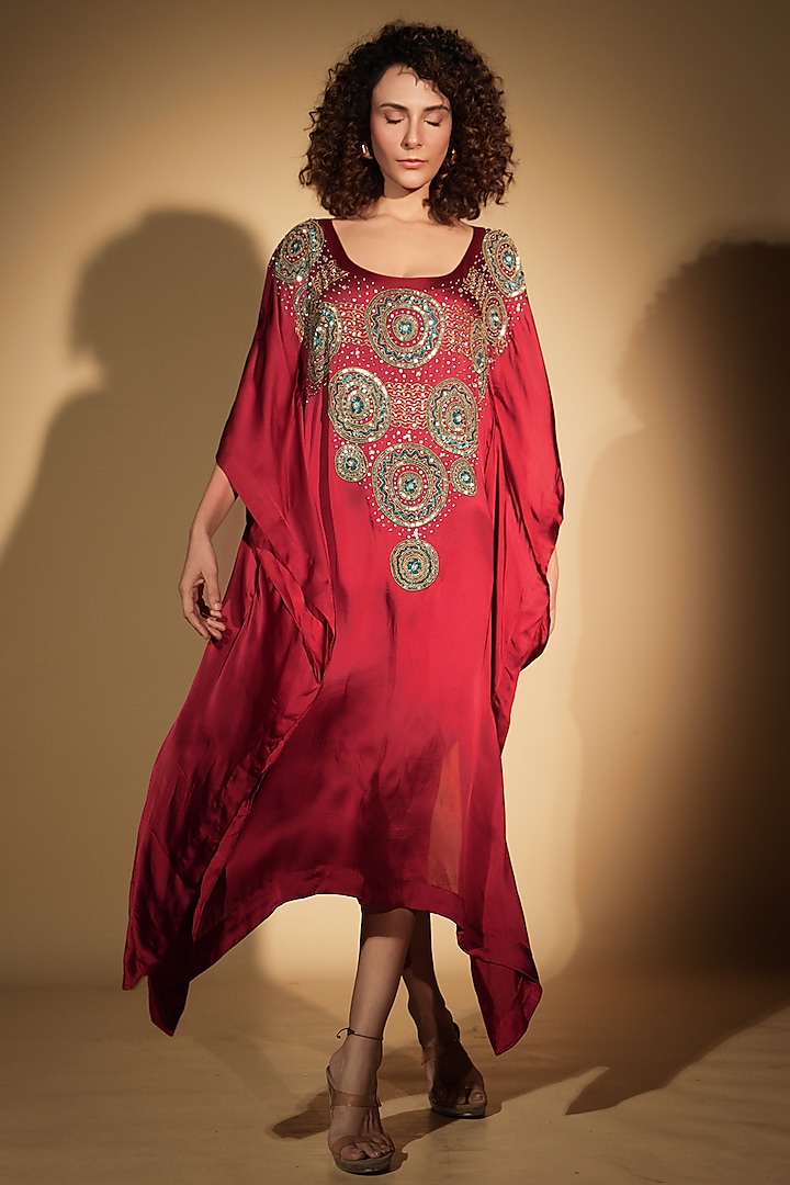 Red Satin Georgette Sequins & Bead Hand Embroidered Kaftan by Isadaa by Rotna Dutt