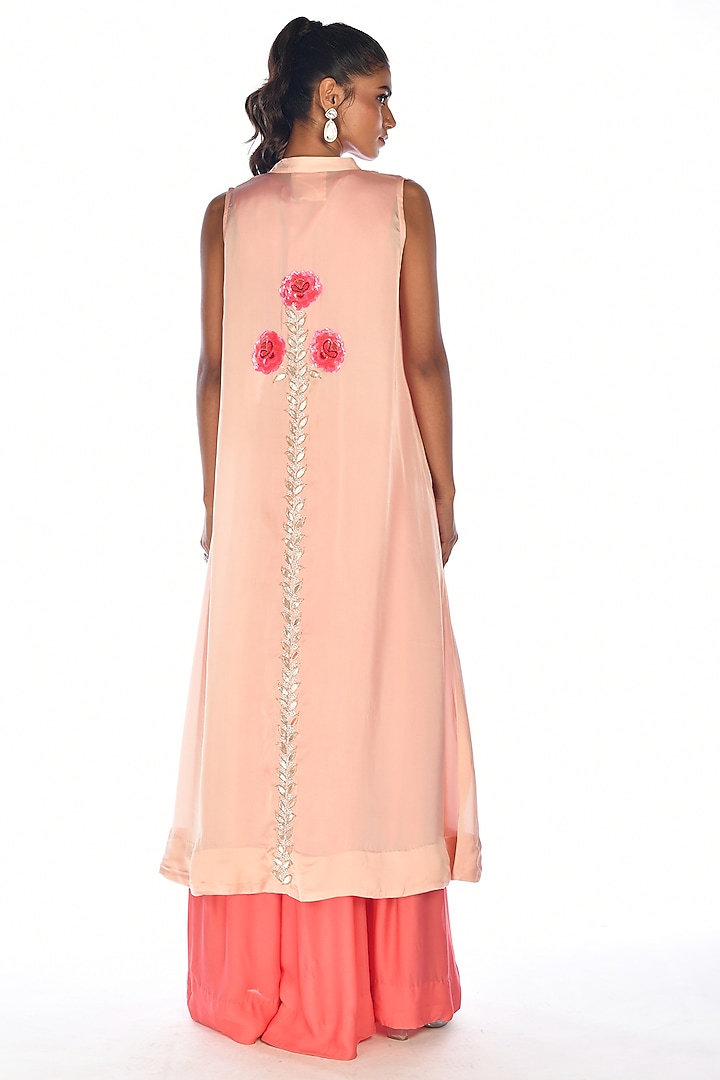 Peach Satin Organza Sequins & Gota Patti Hand Embroidered Jacket Set by Isadaa by Rotna Dutt at Pernia's Pop Up Shop