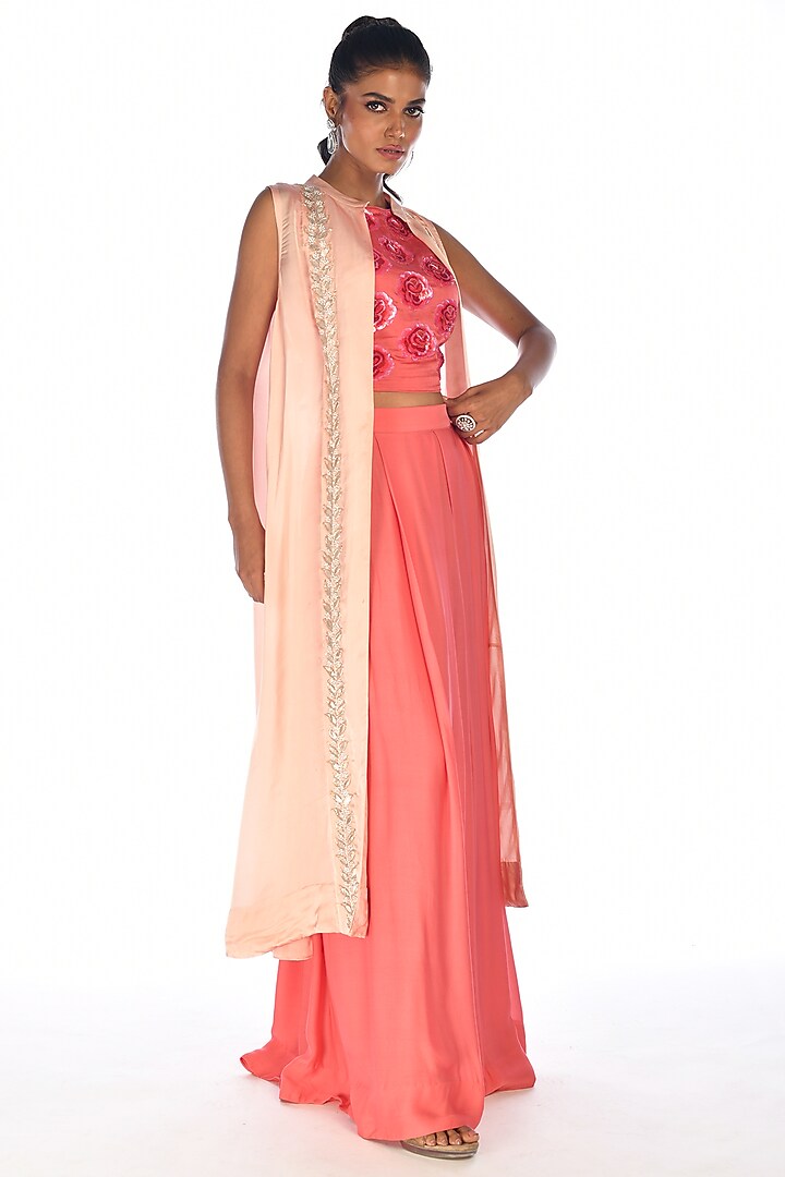 Peach Satin Organza Sequins & Gota Patti Hand Embroidered Jacket Set by Isadaa by Rotna Dutt at Pernia's Pop Up Shop