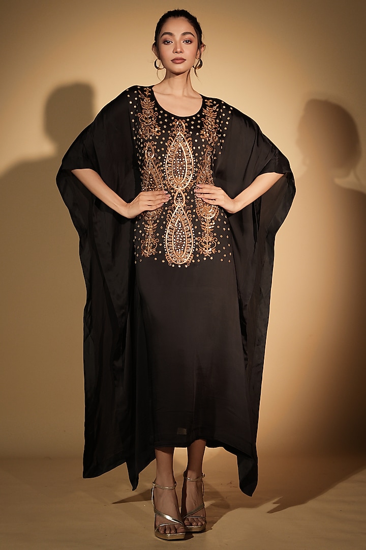 Black Satin Georgette Sequins Hand Embroidered Kaftan by Isadaa by Rotna Dutt
