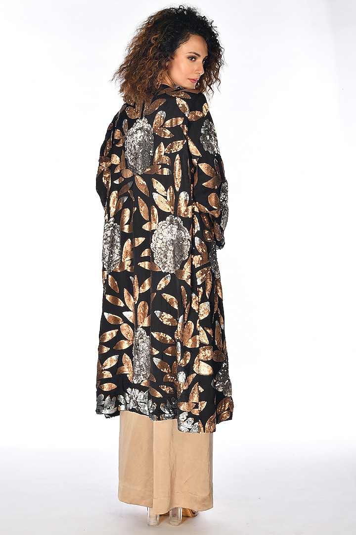 Black Satin Organza Sequins Hand Embroidered Jacket Set by Isadaa by Rotna Dutt at Pernia's Pop Up Shop