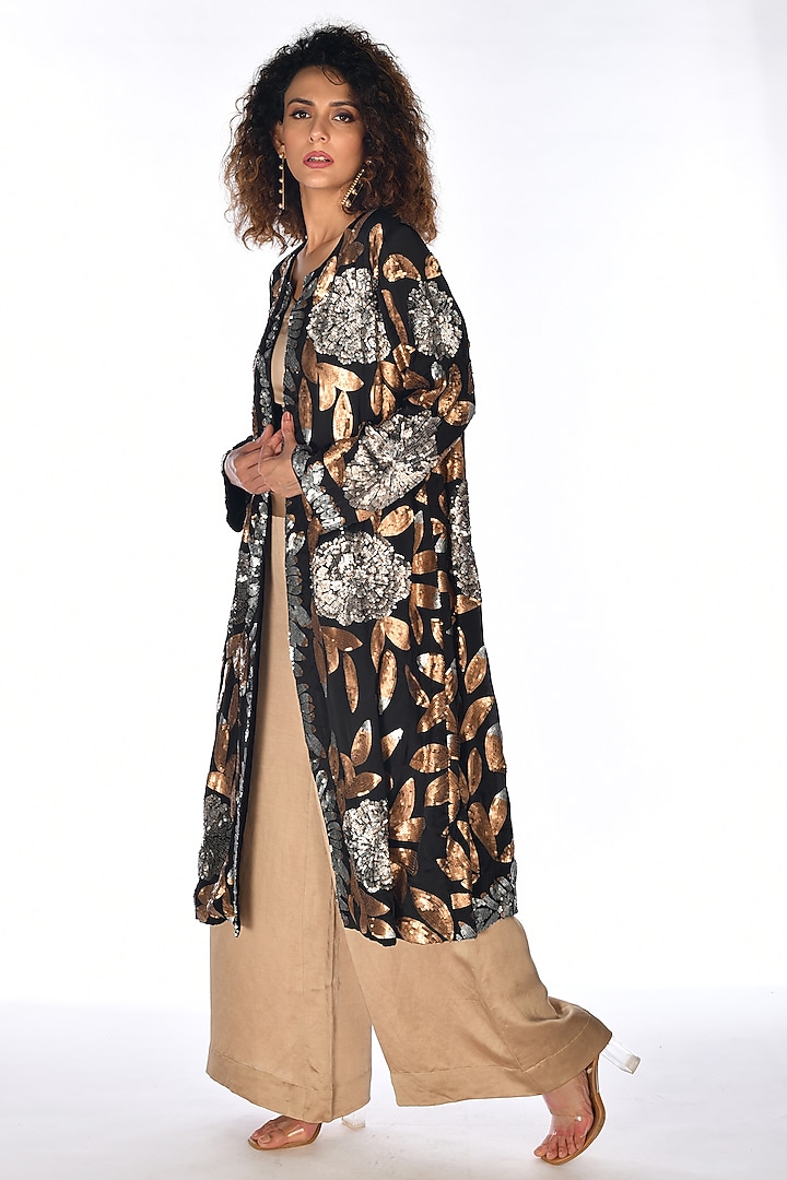 Black Satin Organza & Linen Satin Silk Hand Embroidered Jacket Set ...
