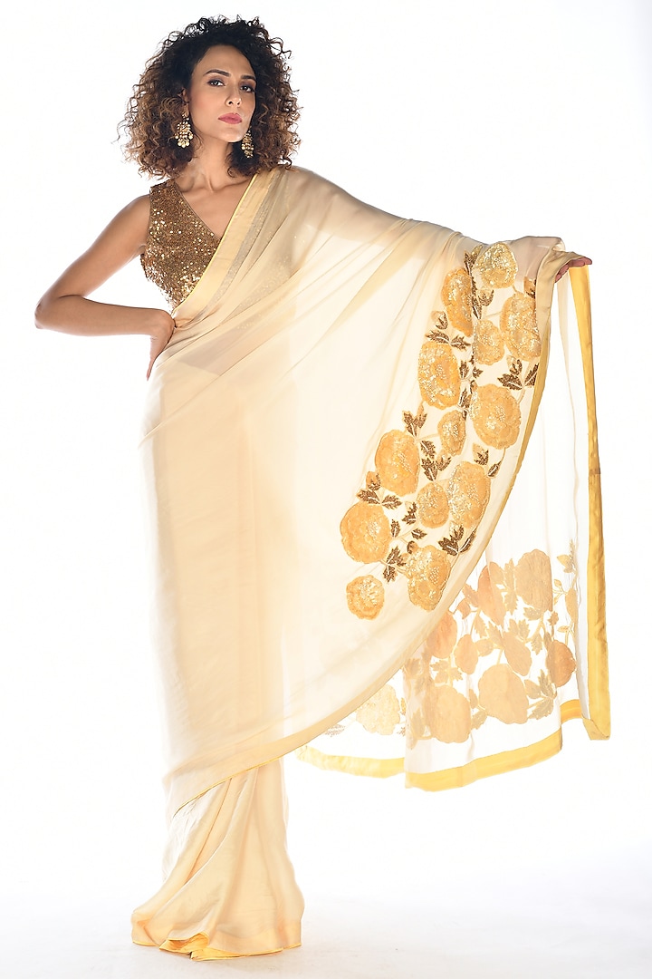 Lemon Yellow Satin Georgette Sequins Hand Embroidered Saree Set by Isadaa by Rotna Dutt