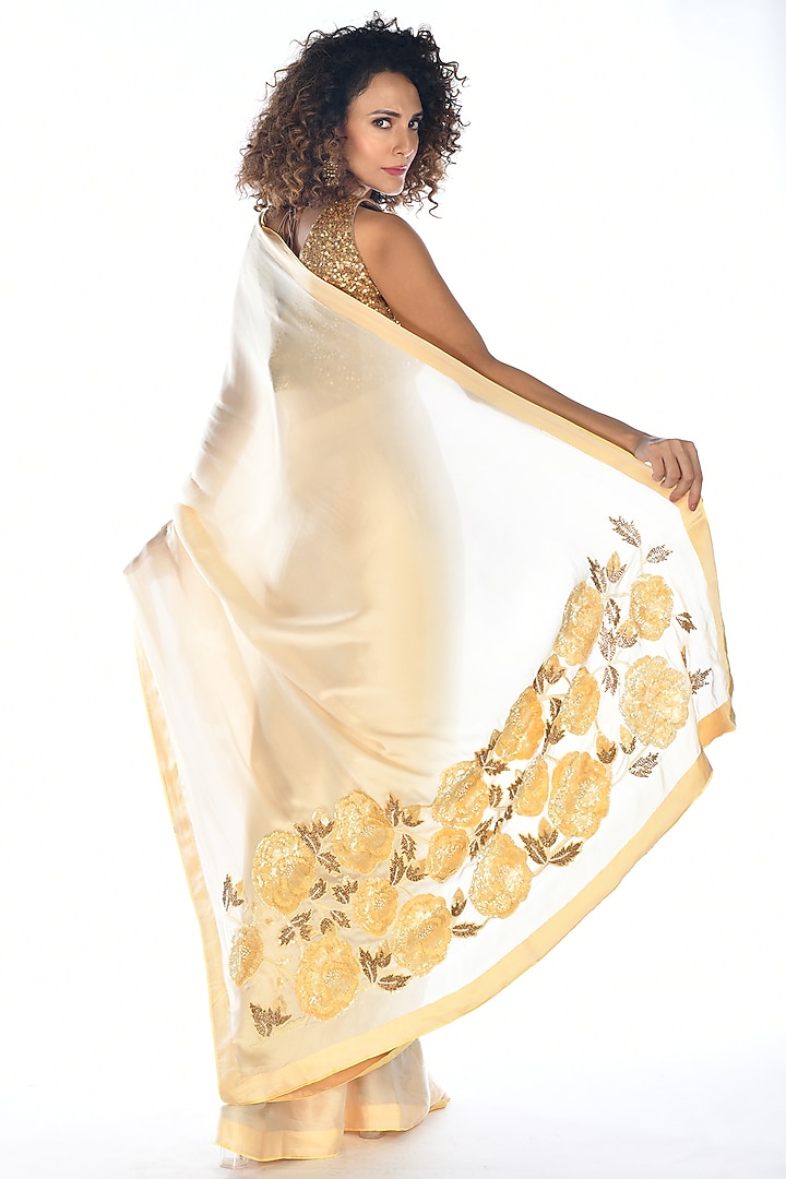 Lemon Yellow Satin Georgette Sequins Hand Embroidered Wedding Saree Set by Isadaa by Rotna Dutt at Pernia's Pop Up Shop