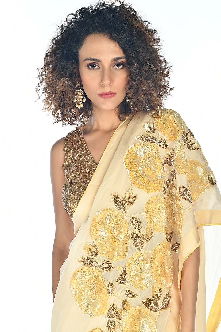 Lemon Yellow Satin Georgette Sequins Hand Embroidered Wedding Saree Set by Isadaa by Rotna Dutt at Pernia's Pop Up Shop