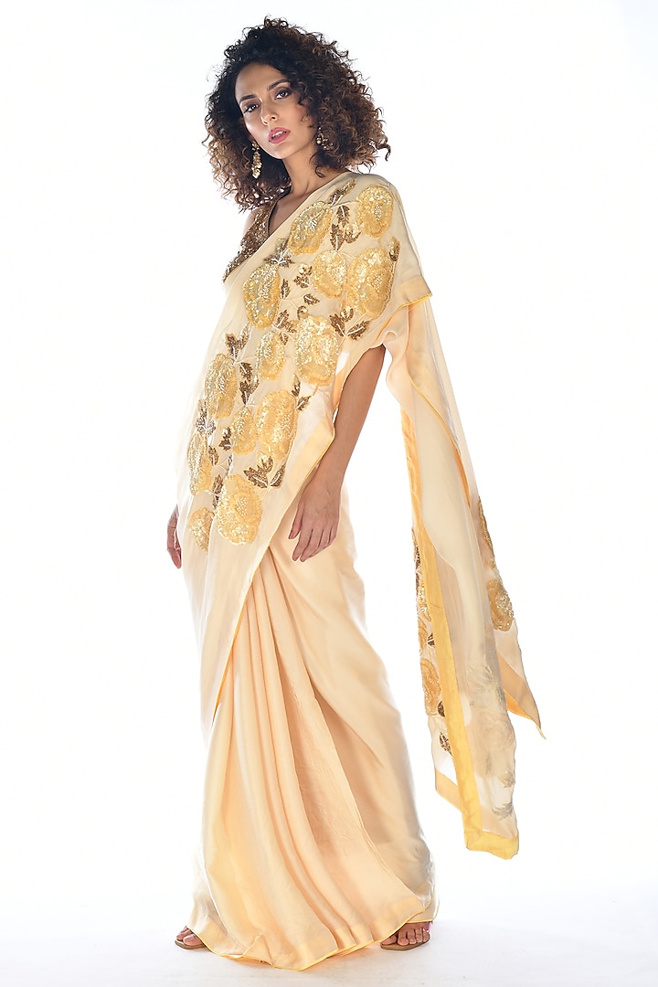 Lemon Yellow Satin Georgette Sequins Hand Embroidered Wedding Saree Set by Isadaa by Rotna Dutt at Pernia's Pop Up Shop