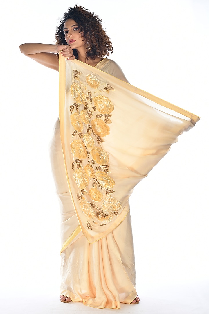 Lemon Yellow Satin Georgette Sequins Hand Embroidered Wedding Saree Set by Isadaa by Rotna Dutt at Pernia's Pop Up Shop