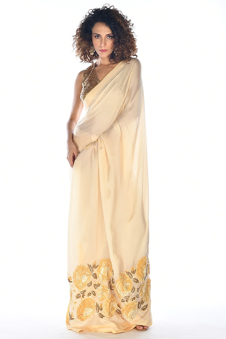 Lemon Yellow Satin Georgette Sequins Hand Embroidered Wedding Saree Set by Isadaa by Rotna Dutt at Pernia's Pop Up Shop