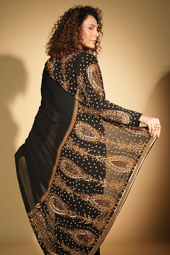 Black Satin Georgette Gold Zari & Bead Hand Embroidered Saree Set by ...