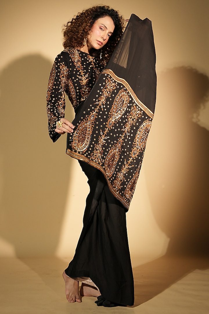 Black Satin Georgette Gold Zari & Bead Hand Embroidered Saree Set by ...