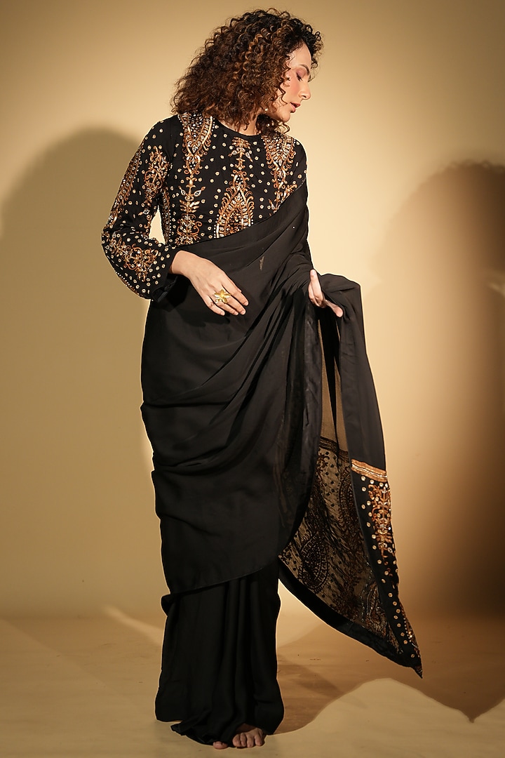 Black Satin Georgette Gold Zari & Bead Hand Embroidered Saree Set by ...