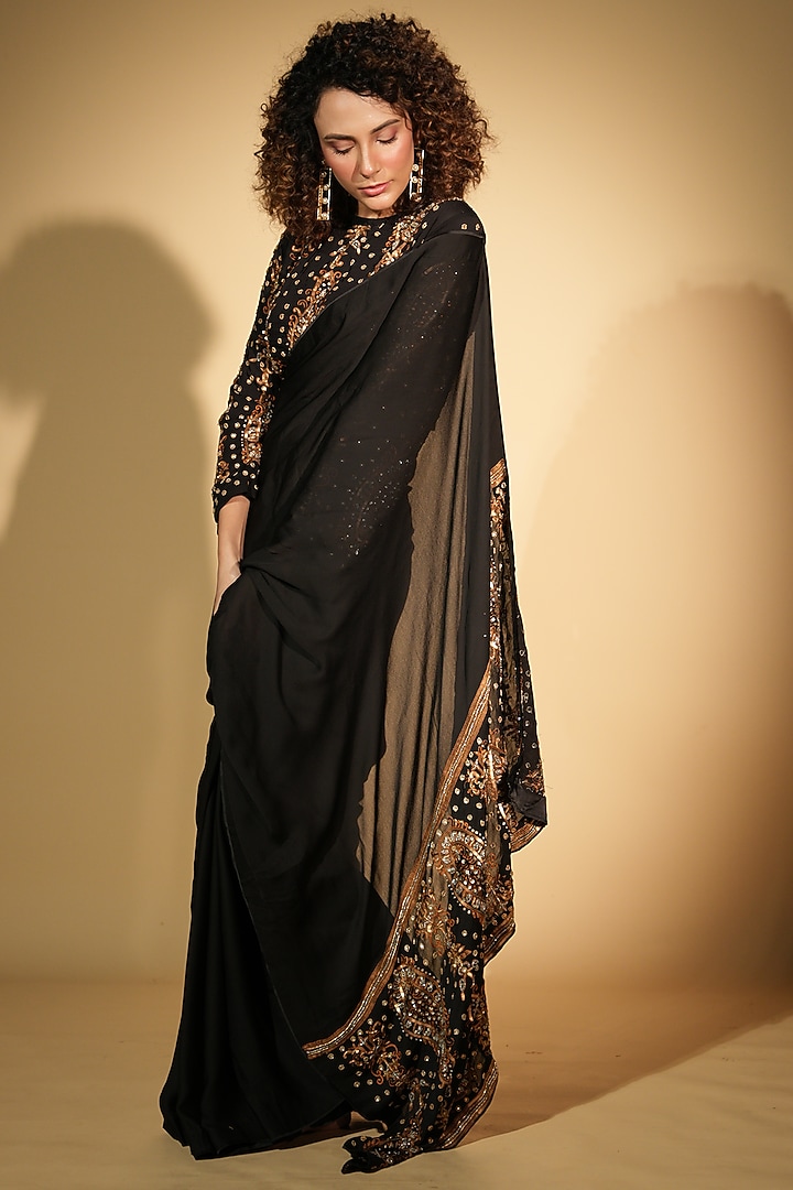 Black Satin Georgette Gold Zari & Bead Hand Embroidered Saree Set by ...