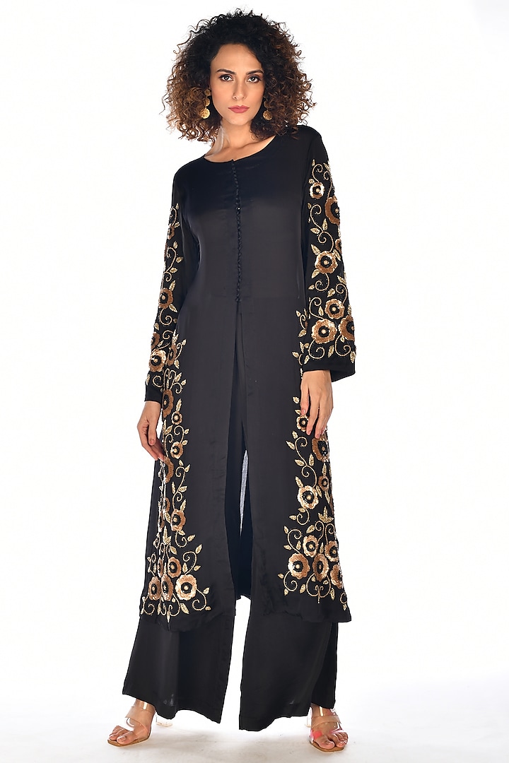 Black Satin Georgette Sequins Hand Embroidered Kurta Set by Isadaa by Rotna Dutt