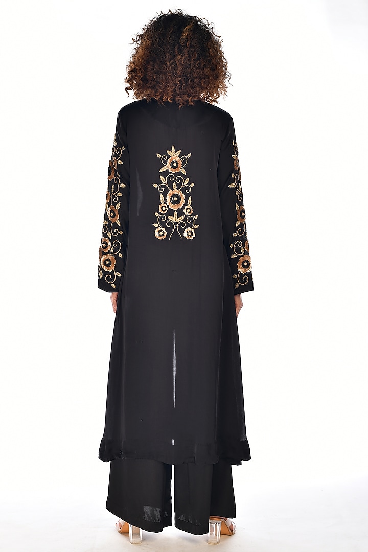 Black Satin Georgette Sequins Hand Embroidered Kurta Set by Isadaa by Rotna Dutt at Pernia's Pop Up Shop
