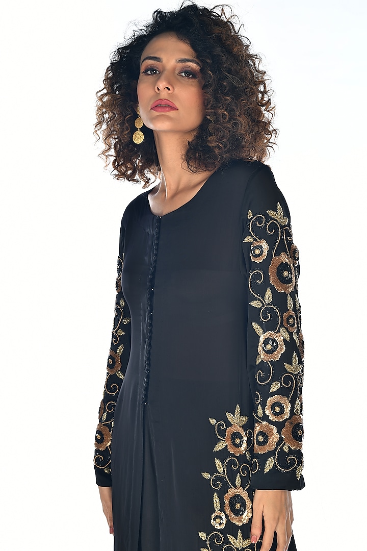 Black Satin Georgette Sequins Hand Embroidered Kurta Set by Isadaa by Rotna Dutt at Pernia's Pop Up Shop