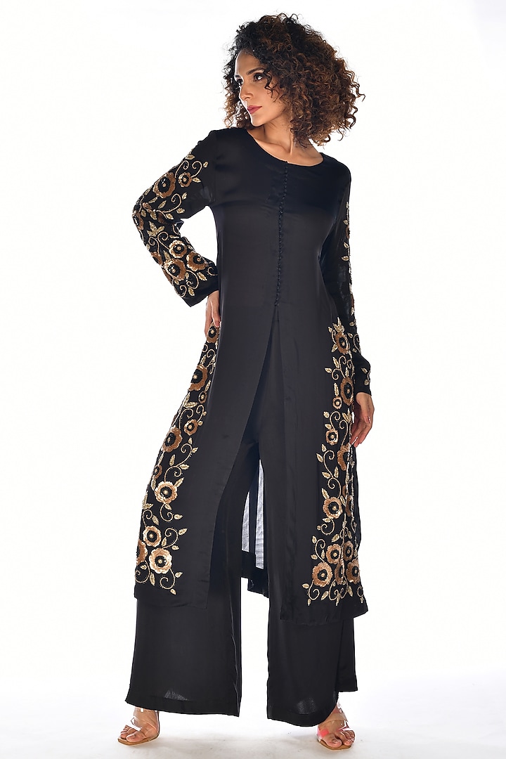 Black Satin Georgette Sequins Hand Embroidered Kurta Set by Isadaa by Rotna Dutt at Pernia's Pop Up Shop