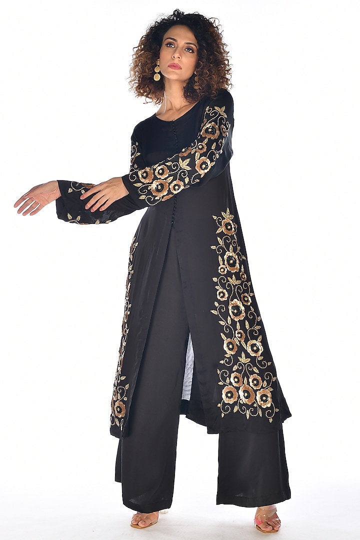 Black Satin Georgette Sequins Hand Embroidered Kurta Set by Isadaa by Rotna Dutt at Pernia's Pop Up Shop
