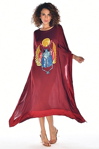 Red Satin Georgette Sequins Hand Embroidered Kaftan by Isadaa by Rotna Dutt