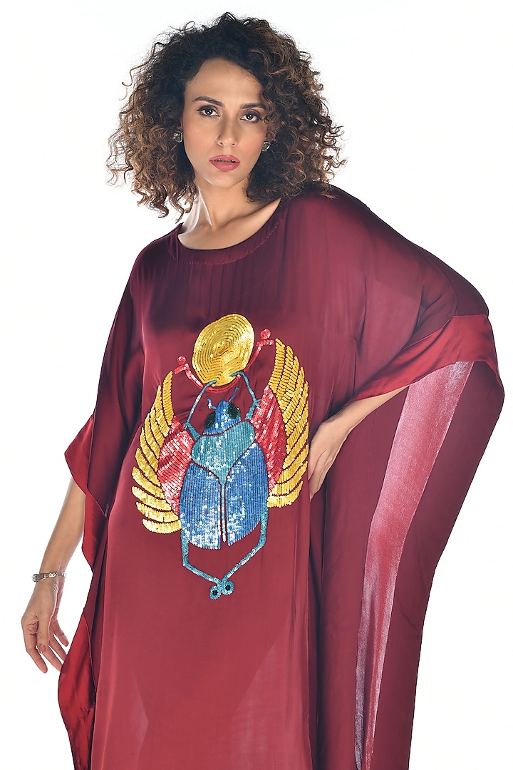Red Satin Georgette Sequins Hand Embroidered Kaftan by Isadaa by Rotna Dutt at Pernia's Pop Up Shop