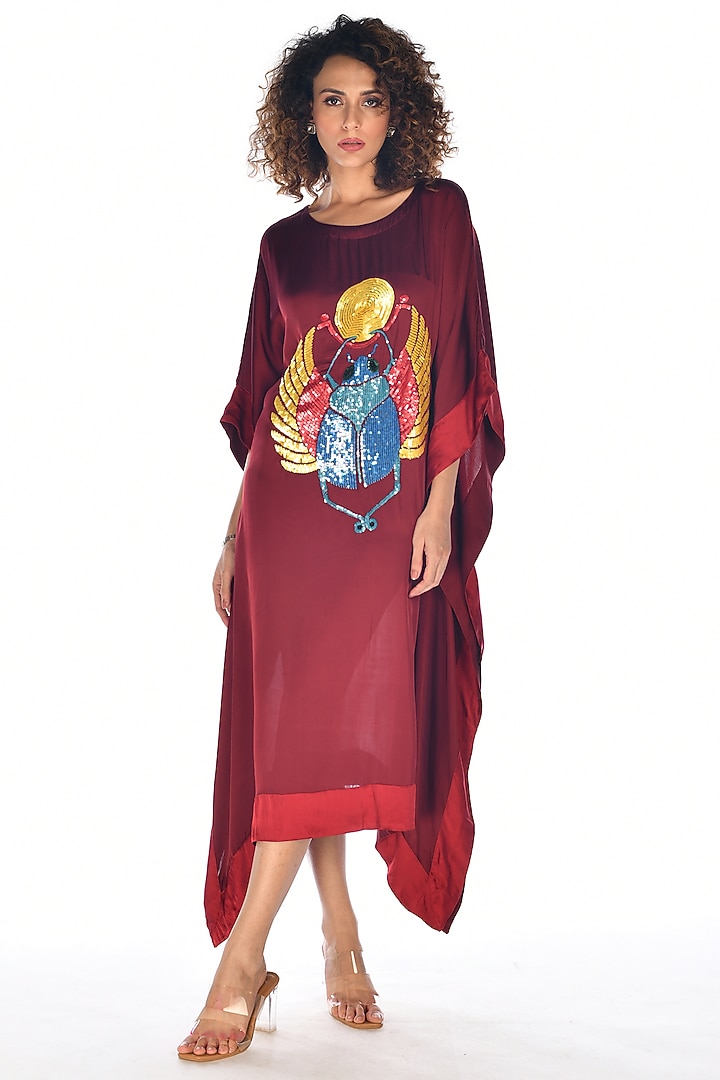 Red Satin Georgette Sequins Hand Embroidered Kaftan by Isadaa by Rotna Dutt at Pernia's Pop Up Shop