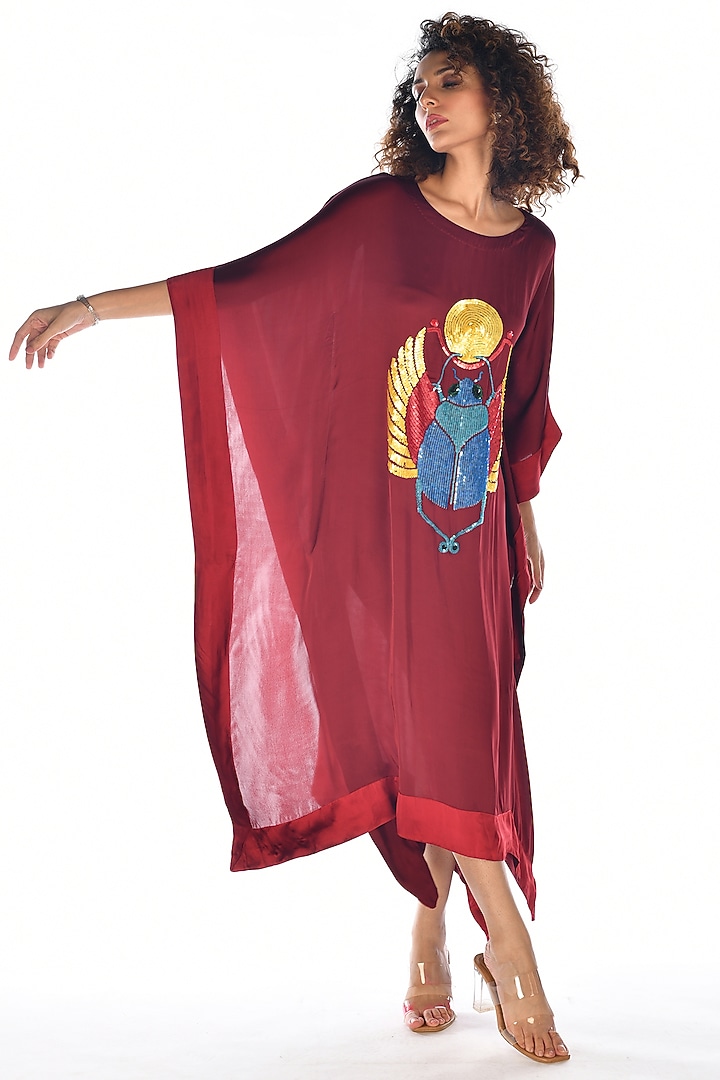 Red Satin Georgette Sequins Hand Embroidered Kaftan by Isadaa by Rotna Dutt at Pernia's Pop Up Shop