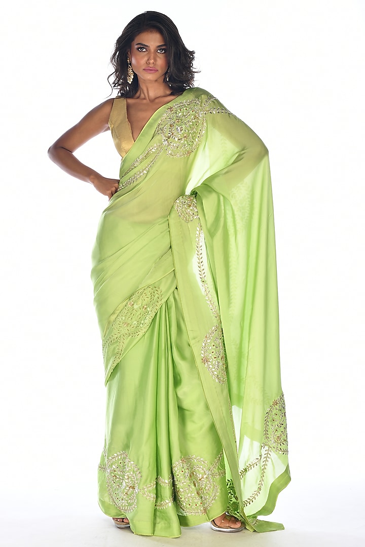 Green Satin Organza Gota Patti Hand Embroidered Saree Set by Isadaa by Rotna Dutt