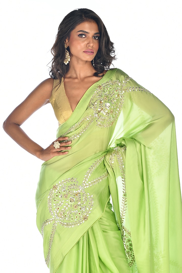 Green Satin Organza Gota Patti Hand Embroidered Wedding Saree Set by ...