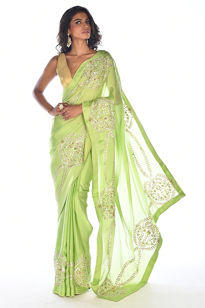 Green Satin Organza Gota Patti Hand Embroidered Wedding Saree Set by Isadaa by Rotna Dutt at Pernia's Pop Up Shop