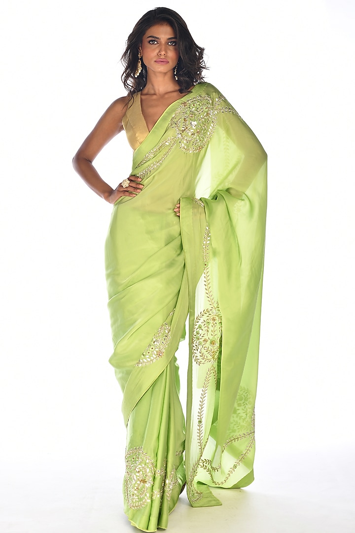 Green Satin Organza Gota Patti Hand Embroidered Wedding Saree Set by Isadaa by Rotna Dutt at Pernia's Pop Up Shop