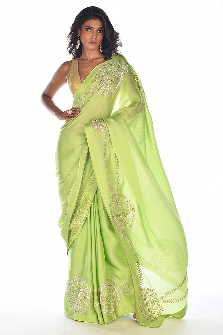 Green Satin Organza Gota Patti Hand Embroidered Wedding Saree Set by Isadaa by Rotna Dutt at Pernia's Pop Up Shop