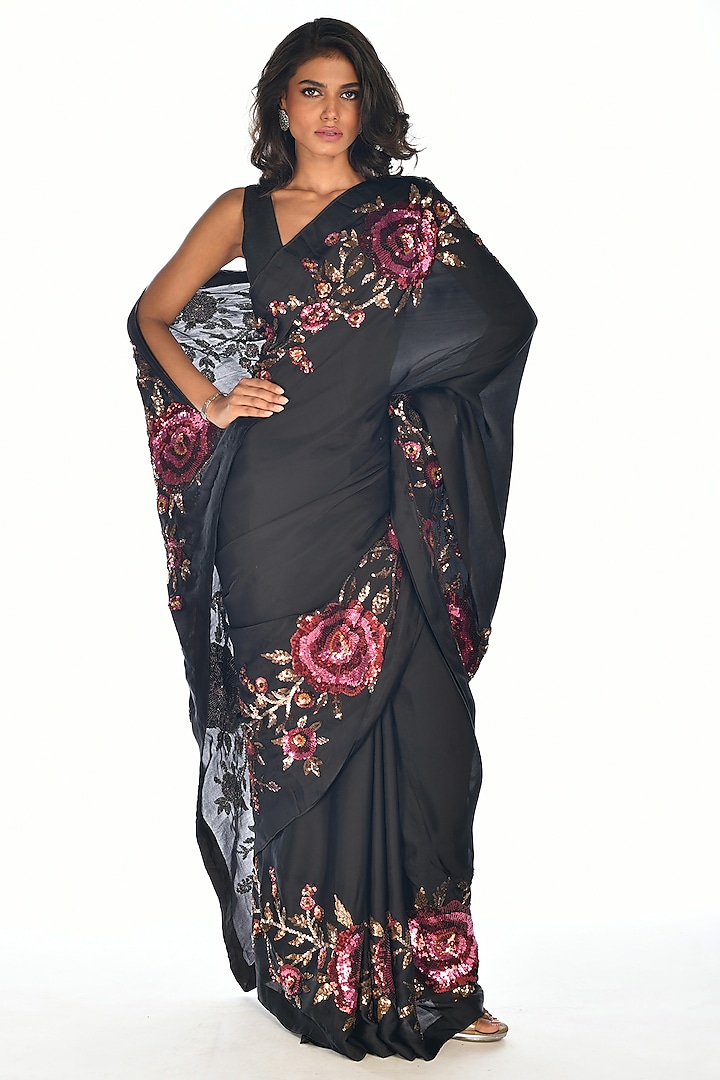 Black Satin Organza Sequins Hand Embroidered Saree Set by Isadaa by Rotna Dutt
