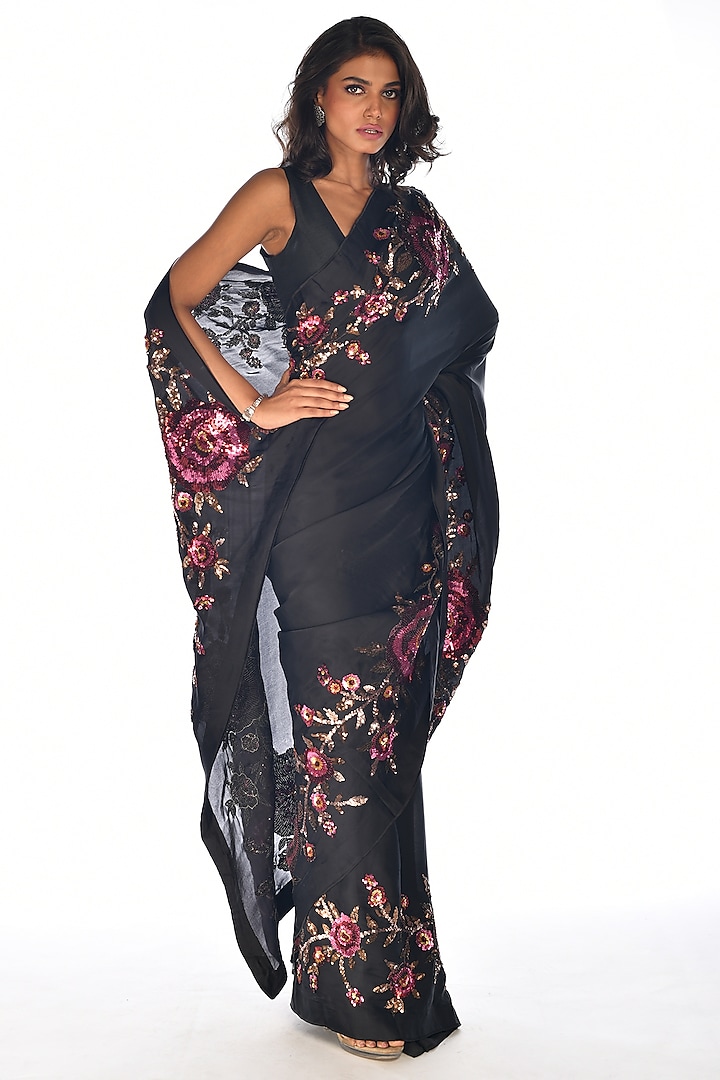 Black Satin Organza Sequins Hand Embroidered Wedding Saree Set by Isadaa by Rotna Dutt at Pernia's Pop Up Shop