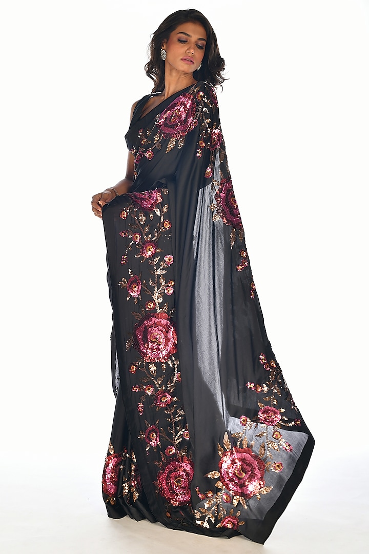 Black Satin Organza Sequins Hand Embroidered Wedding Saree Set by Isadaa by Rotna Dutt at Pernia's Pop Up Shop