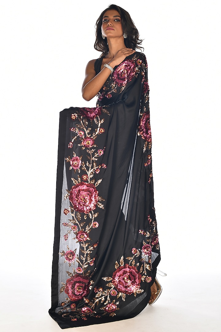 Black Satin Organza Sequins Hand Embroidered Wedding Saree Set by Isadaa by Rotna Dutt at Pernia's Pop Up Shop