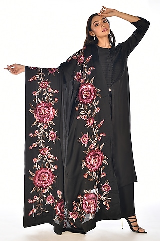 Black Satin Organza Sequins Hand Embroidered Kurta Set by Isadaa by Rotna Dutt