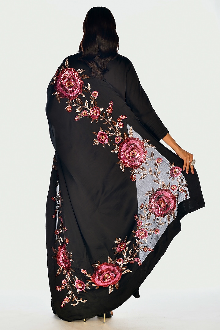 Women Black Organza Silk Embroidery Work Kurta Set With Dupatta