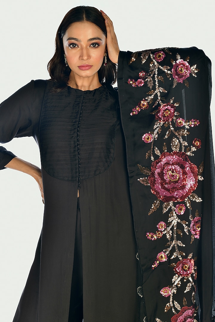 Black Satin Organza Sequins Hand Embroidered Kurta Set by Isadaa by Rotna Dutt at Pernia's Pop Up Shop
