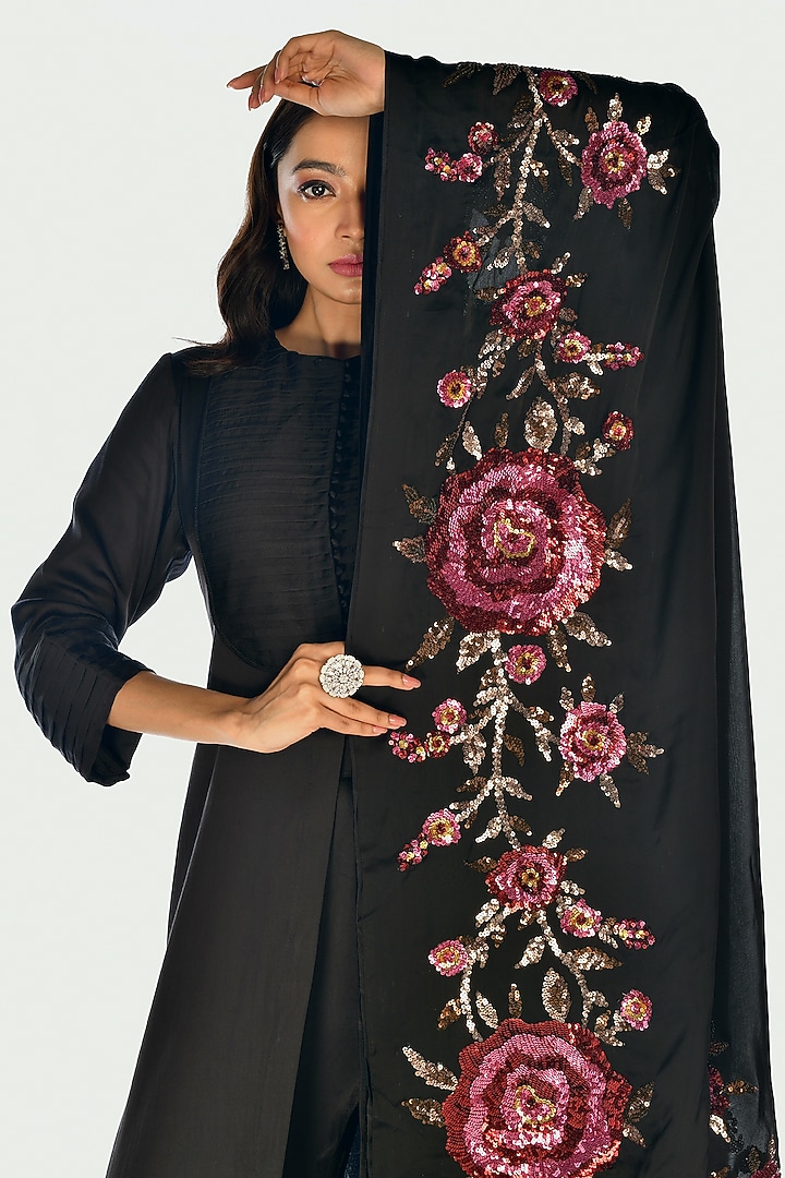 Black Satin Organza Sequins Hand Embroidered Kurta Set by Isadaa by Rotna Dutt at Pernia's Pop Up Shop