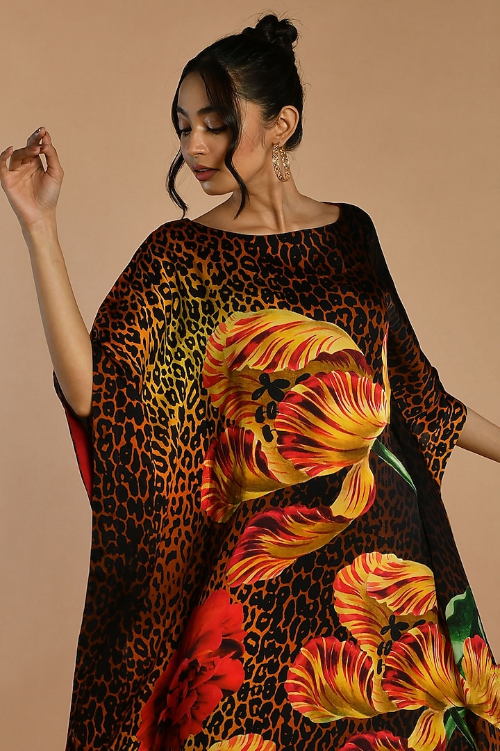 Black Satin Georgette Digital Printed Kaftan by Isadaa by Rotna Dutt at Pernia's Pop Up Shop